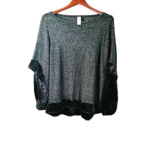 Go‎ Couture Women L Pullover Charcoal-Black Faux Fur Trim Rayon Boho Sweater VTG